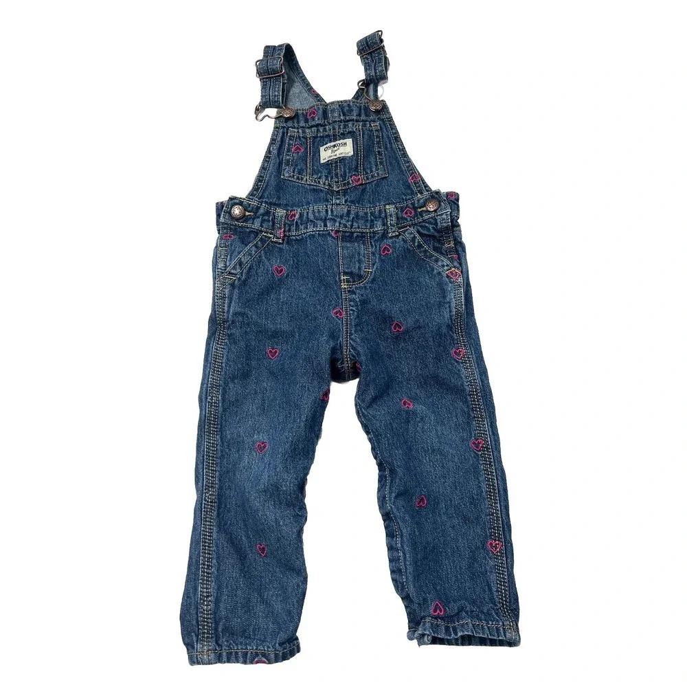 Bib Overalls Osh Kosh B'Gosh Girls Size 18 Months Toddler Blue Denim Pink Hearts